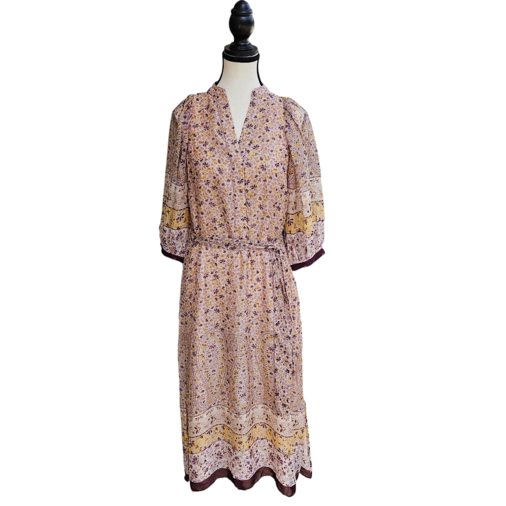Ann Taylor Paisley Border Balloon Sleeve Midi XS Tall Dress in Pearl Blush